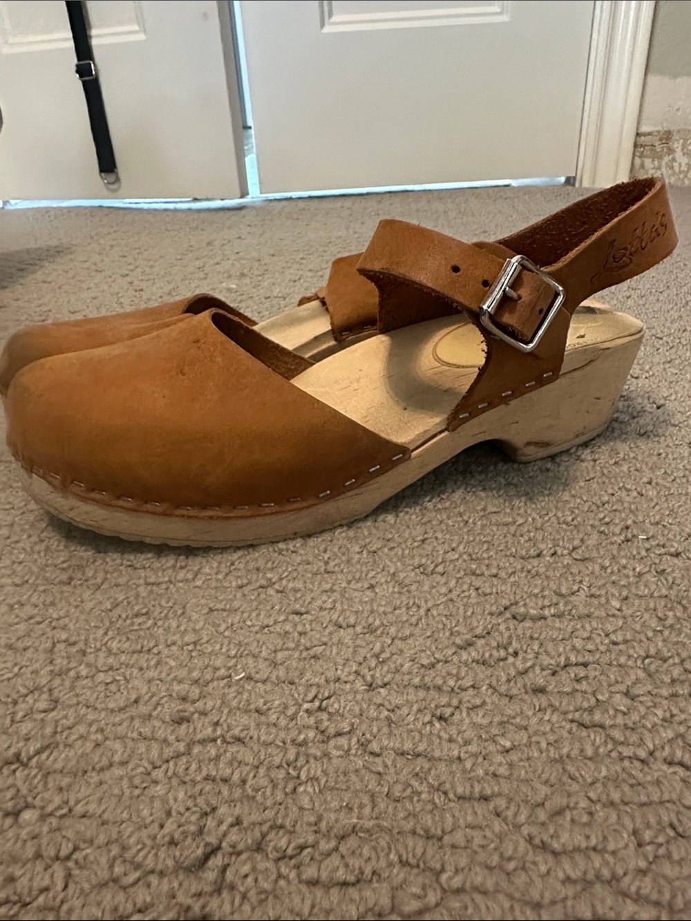 Authentic Swedish Brown Leather Clog sandals with Buckle Strap- wooden base.